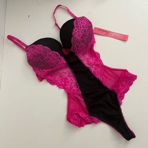 Black Fuchsia Lace Teddy Lingerie Bodysuit Size M